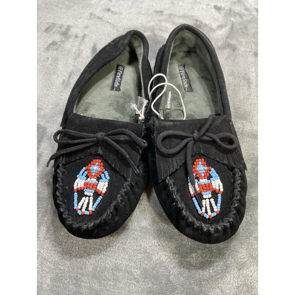 Fireside Dearfoams Shoes Womens 7 Boat Moccasin Slippers Black Beads Suede NEW - Picture 4 of 8